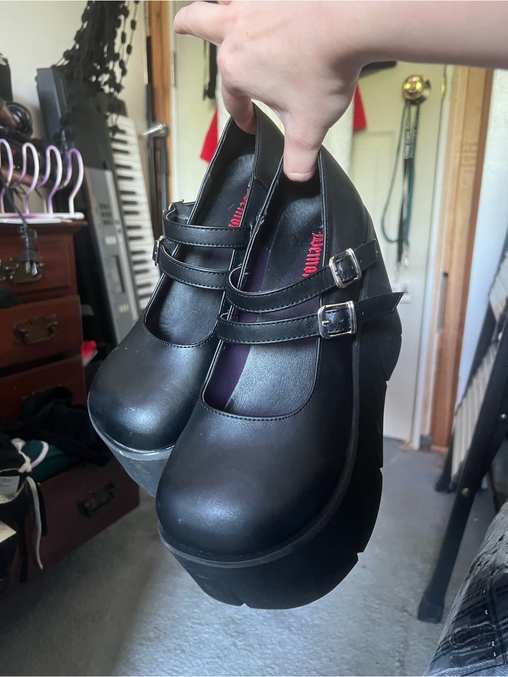 Demonia Black Platform Mary Jane Double-Strap Heels